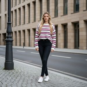 Rita Ora x Primark Striped Fluffy Oversized Crew Neck Sweater M White Pink